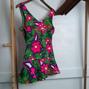 Vintage Swimdress Low Back Floral Swimsuit 70s